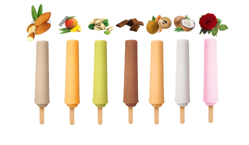 A row of eleven kulfi ice cream varieties including pistachio, mango, chikoo, paan, falooda, faluda, rose, coconut, fig, gulab jamun and chocolate traditional flavors. i n New Zealand